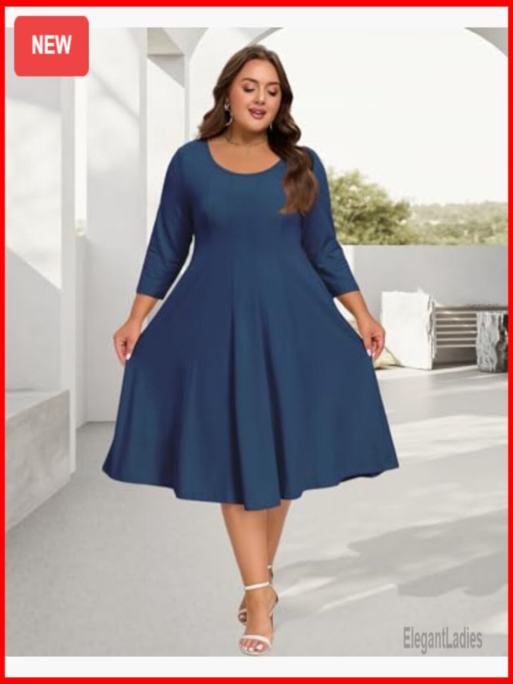 Plus Size Midi Dress 3/4 Sleeve A-Line Casual with Pockets - Picture 4 of 6